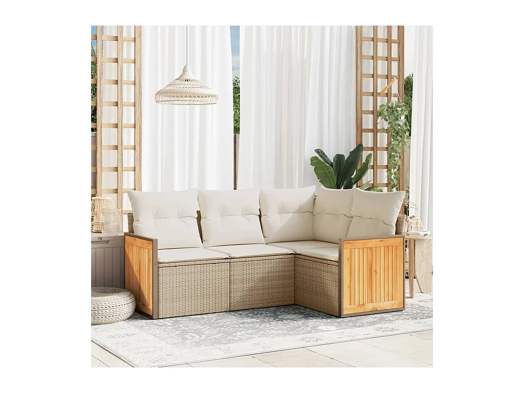 Salon de jardin avec coussins 4 pièces beige résine tressée