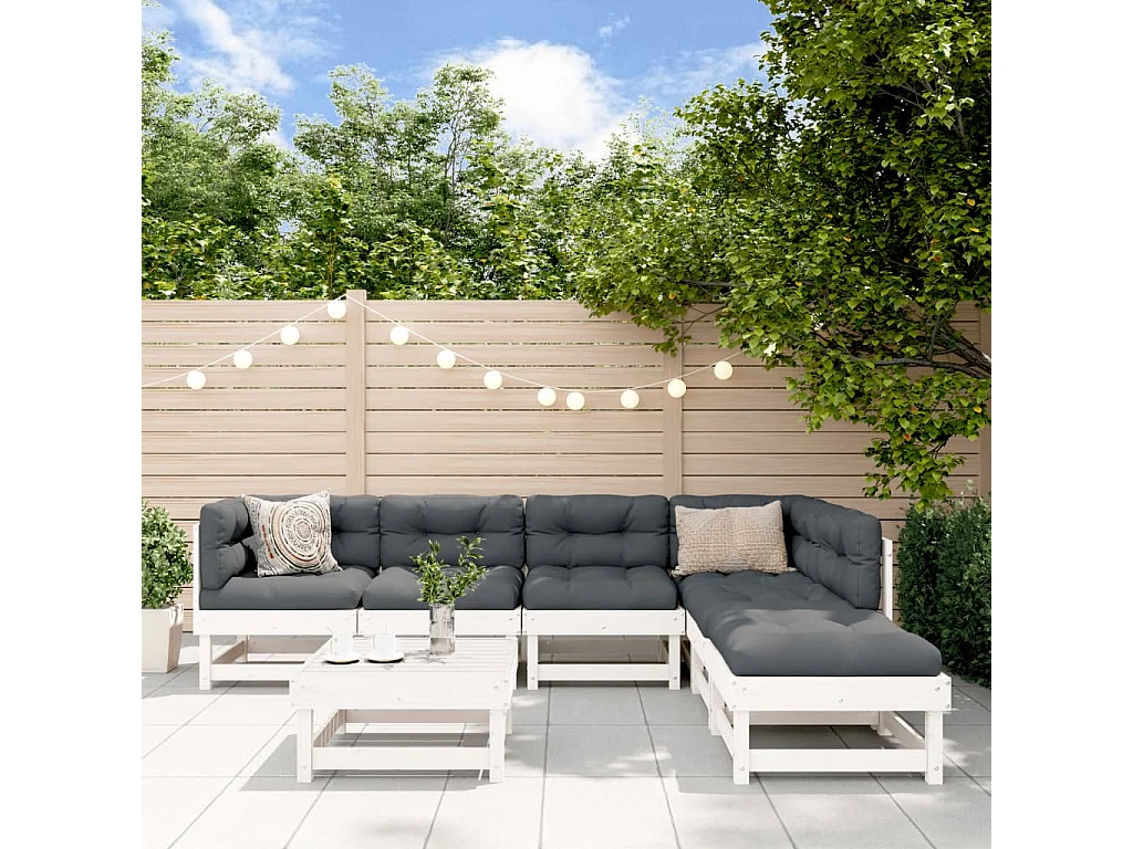 Salon de jardin 7 pièces Blanc Bois de pin massif