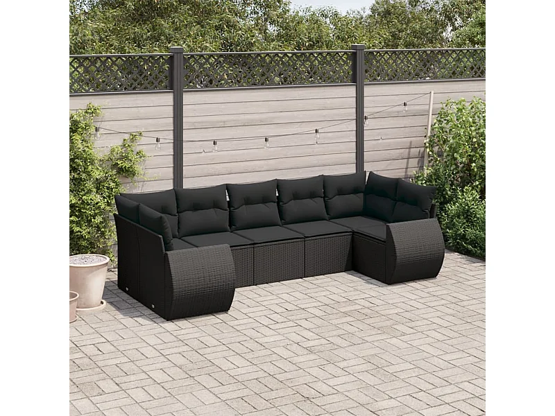 Set de comedor de jardín 7 piezas y cojines ratán sintético negro