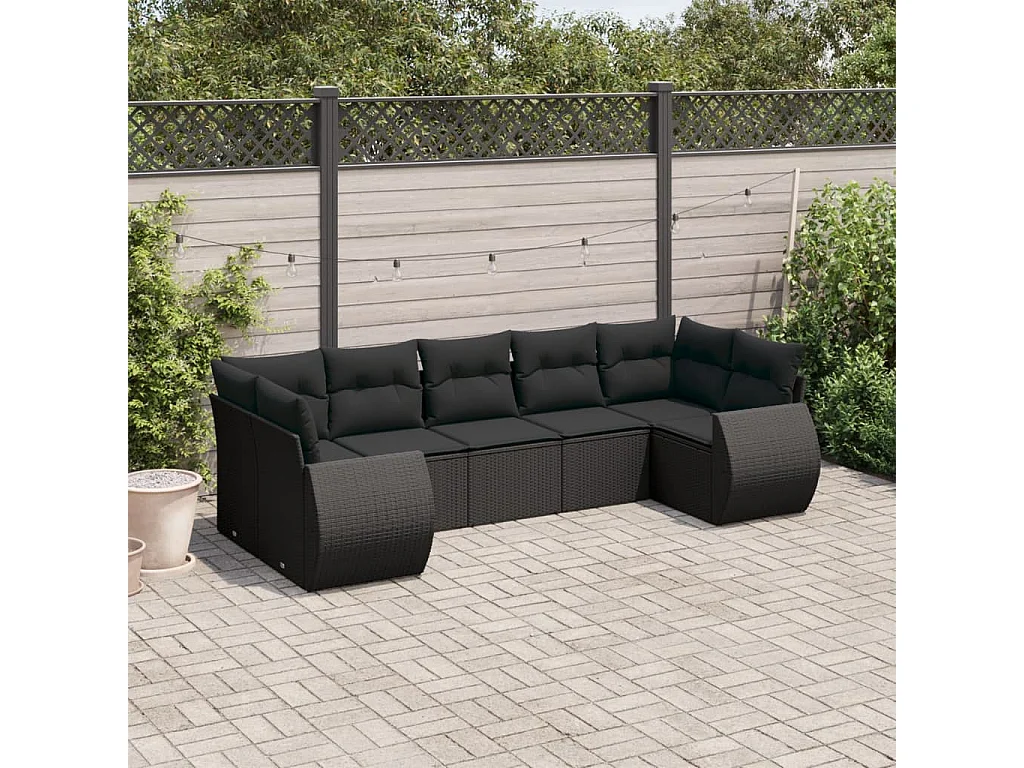 Salon de jardin 7 pièces avec coussins noir résine tressée