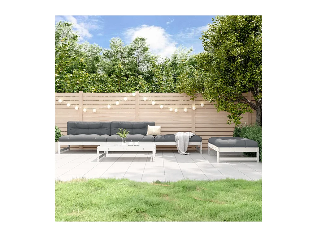 Salon de jardin 5 pièces blanc bois massif de pin