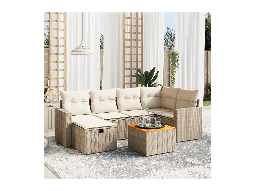 Salon de jardin avec coussins 7 pièces beige résine tressée