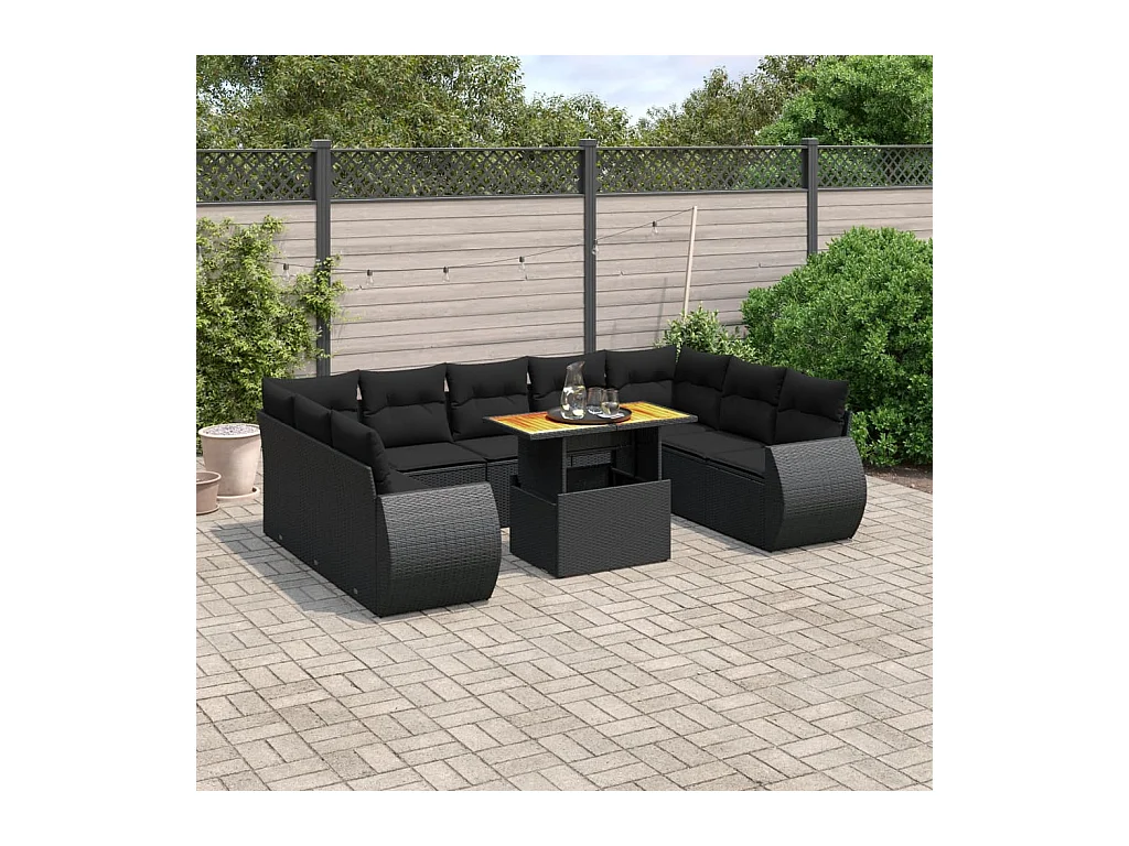 10 peças conjunto sofás de jardim c/ almofadões vime PE preto