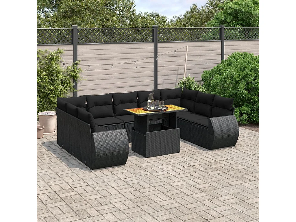 Salon de jardin 10 pièces avec coussins noir résine tressée