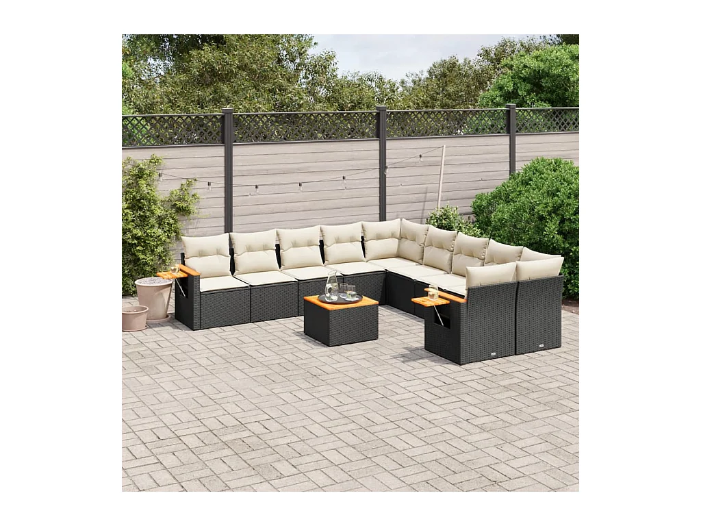 Salon de jardin 11 pièces avec coussins noir résine tressée