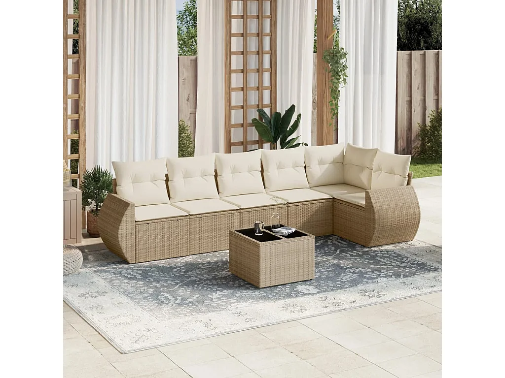 Salon de jardin avec coussins 7 pièces beige résine tressée