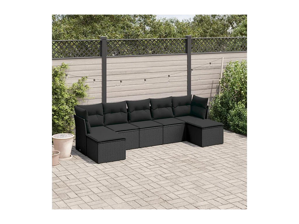 Salon de jardin 7 pièces avec coussins noir résine tressée