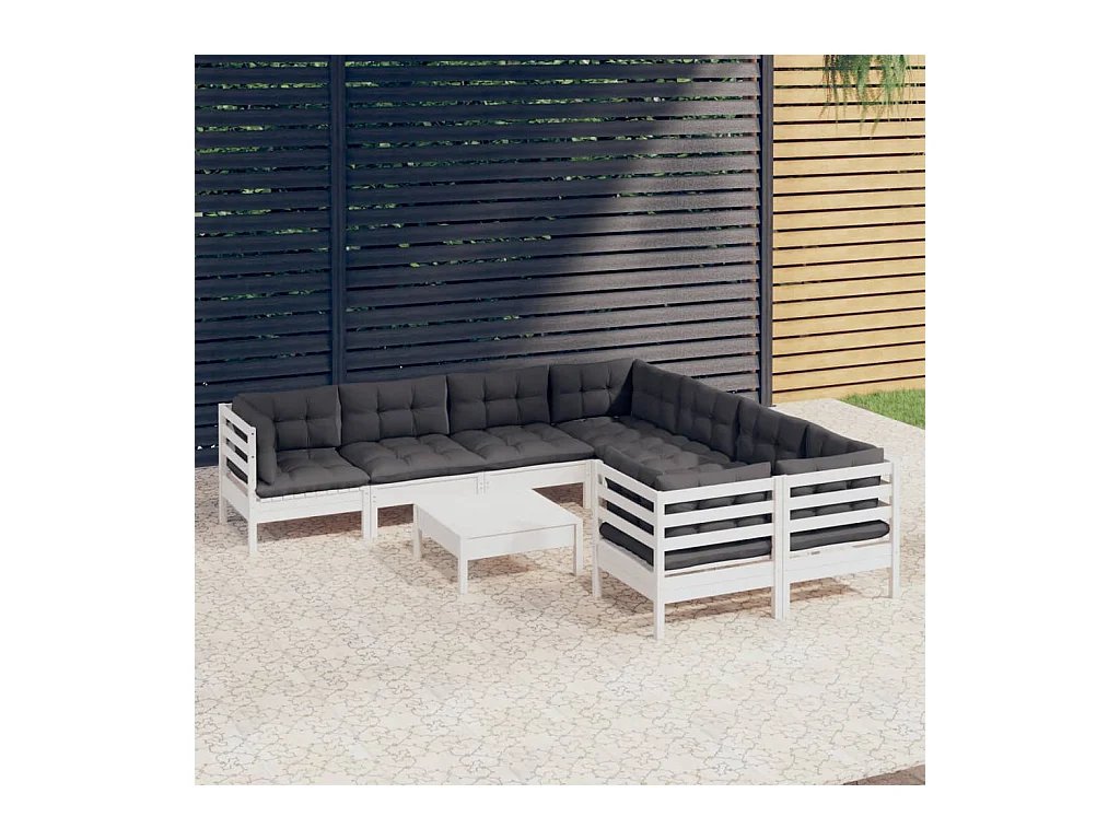 Salon de jardin 9 pièces avec coussins blanc bois de pin