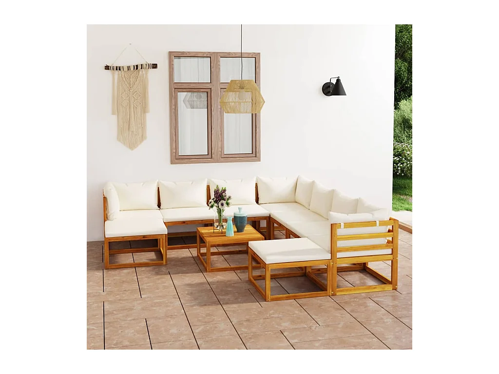Salon de jardin 11 pièces avec coussin Crème Bois d'acacia solide