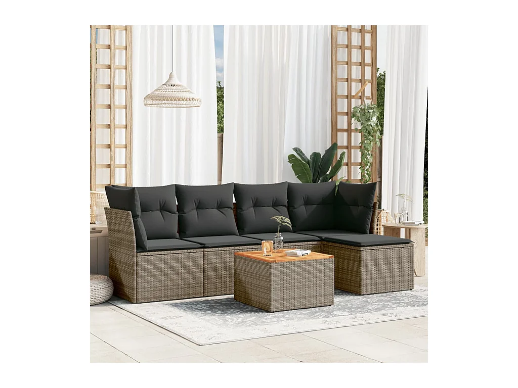 Salon de jardin 6 pièces avec coussins gris résine tressée