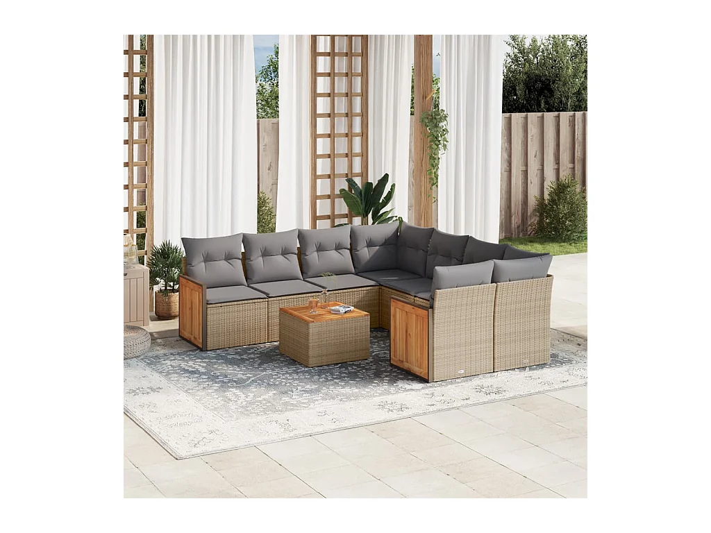 Salon de jardin avec coussins 9 pièces beige résine tressée