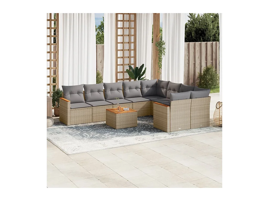 Salon de jardin avec coussins 10 pièces beige résine tressée
