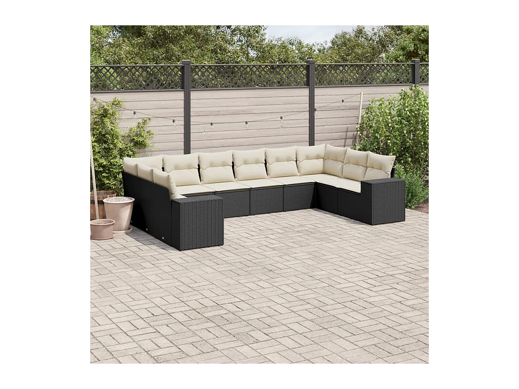 Salon de jardin 10 pièces avec coussins noir résine tressée