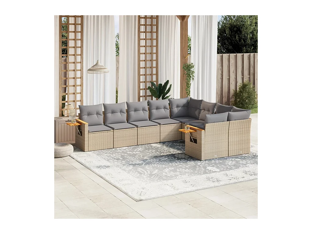 Salon de jardin avec coussins 9 pièces beige résine tressée