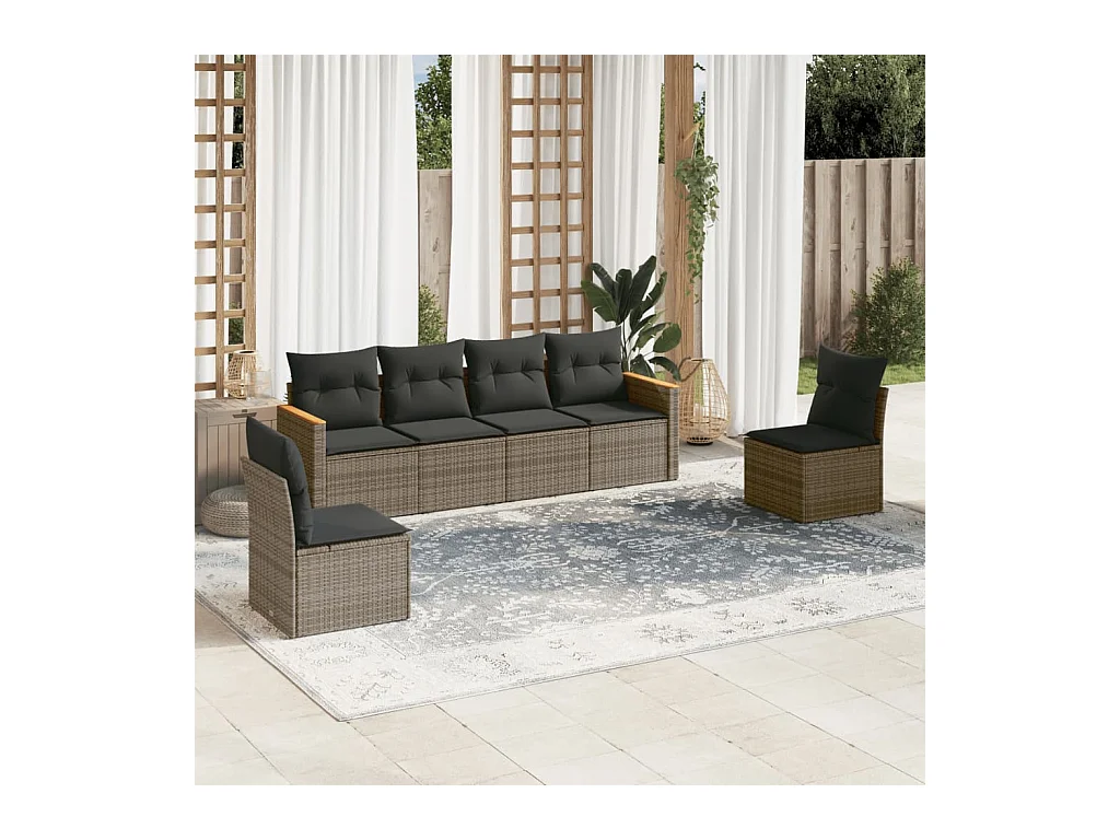 Salon de jardin 6 pièces avec coussins gris résine tressée