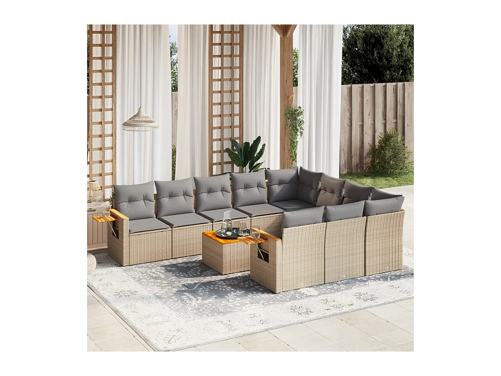 Salon de jardin 11 pièces avec coussins beige résine tressée