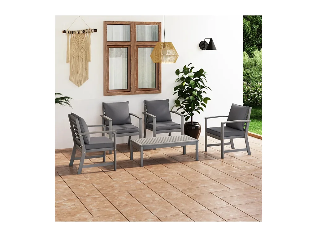 5 peças conj. lounge jardim c/ almofadões acácia maciça cinzento
