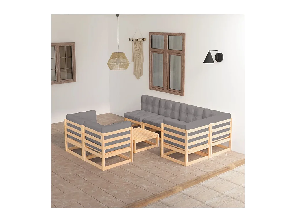 Juego de muebles de jardín 8 piezas y cojines madera maciza pino