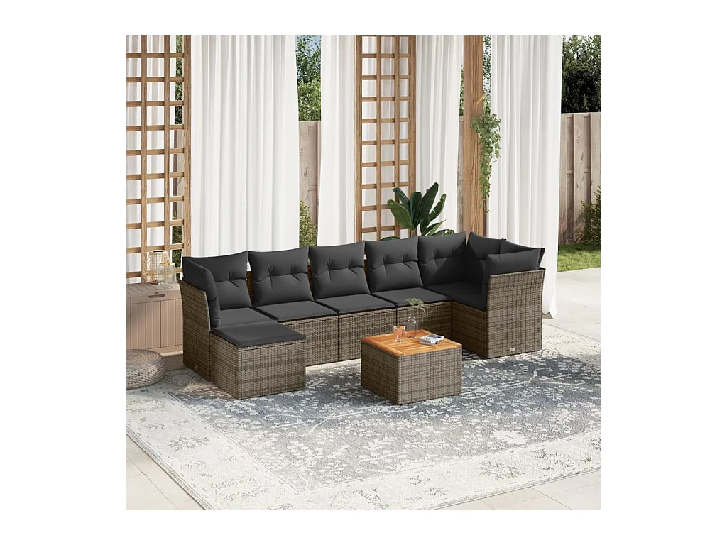 8 peças conjunto sofás de jardim c/ almofadões vime PE cinzento
