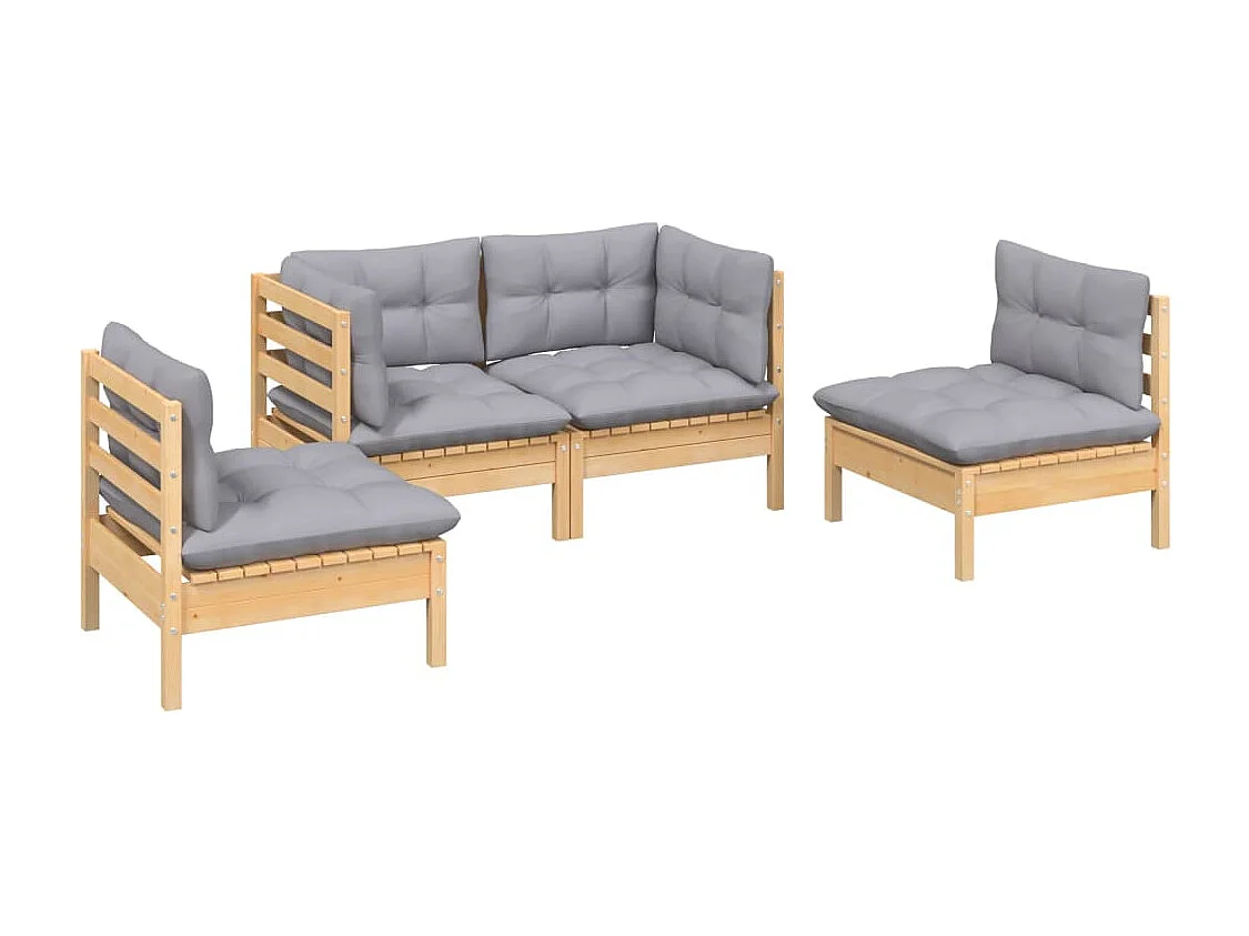 Salon de jardin 4 pièces avec coussins gris Bois de pin massif