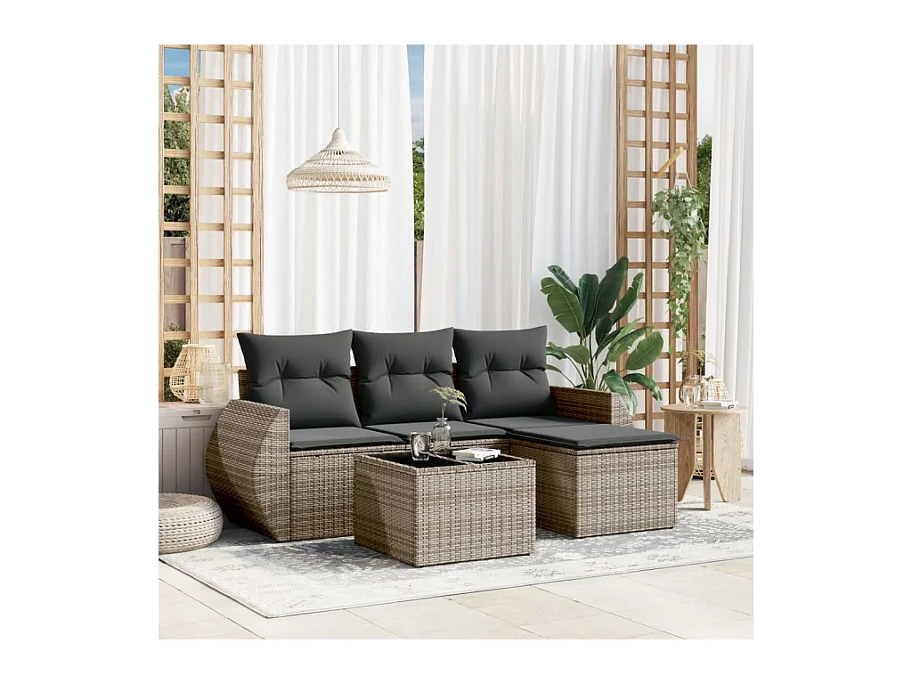 Salon de jardin 5 pièces avec coussins gris résine tressée