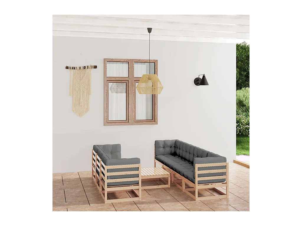 Juego de muebles de jardín 8 piezas y cojines madera maciza pino