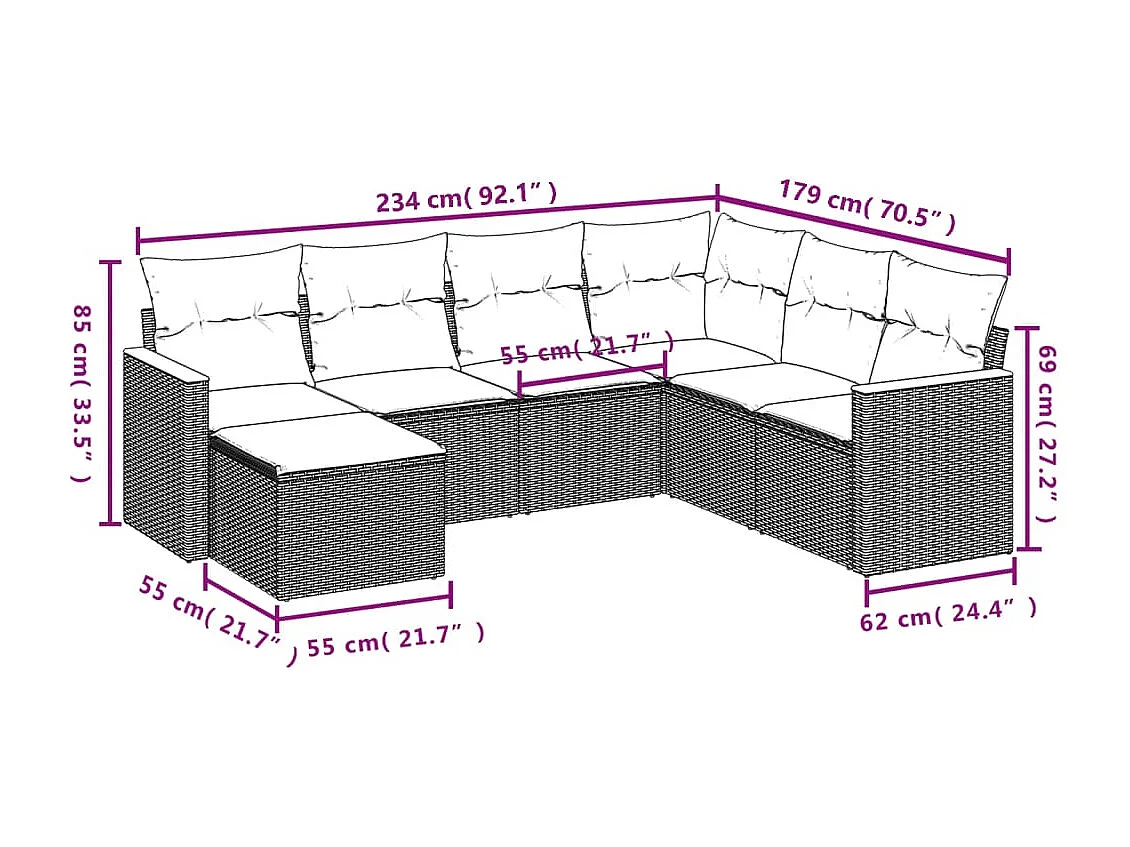 Set sofás de jardín 7 piezas y cojines ratán sintético beige