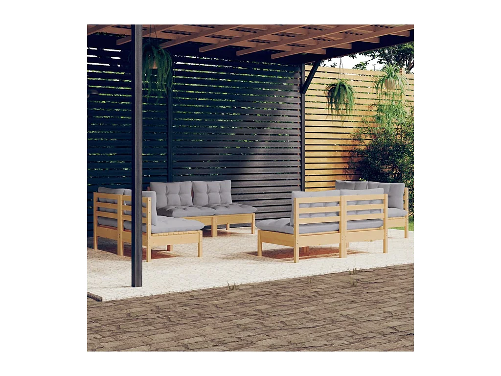 Salon de jardin 8 pièces avec coussins gris Bois de pin