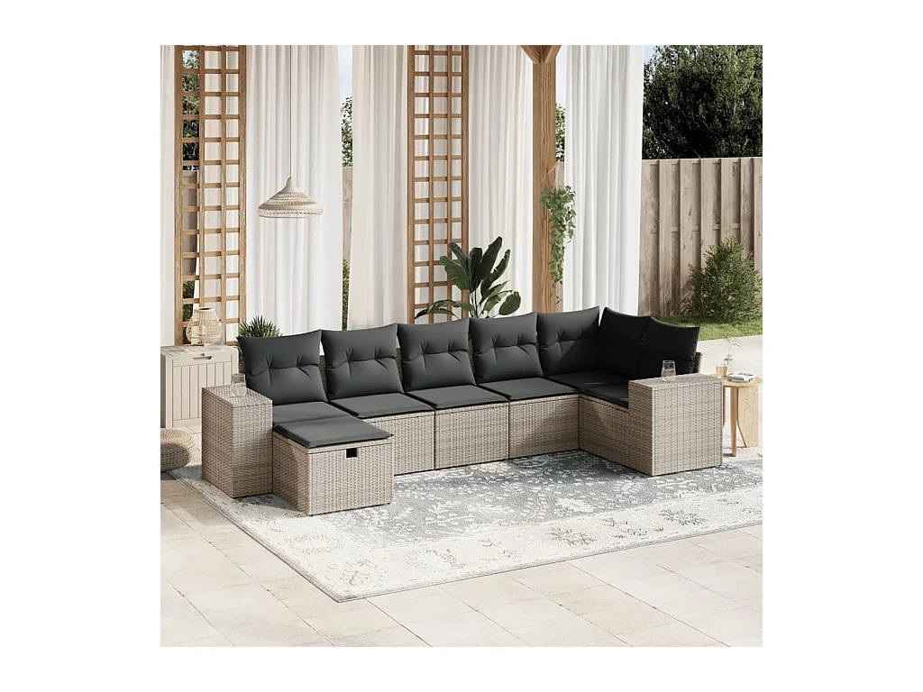Salon de jardin avec coussins 7 pièces gris résine tressée