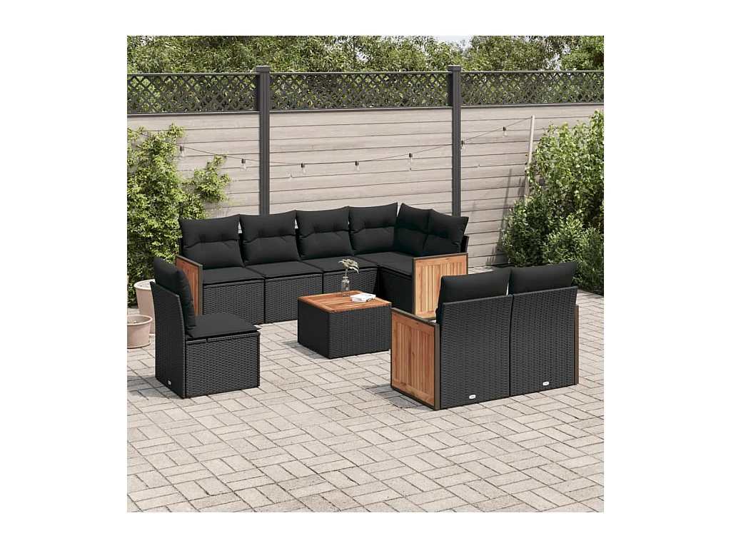 Salon de jardin 9 pièces avec coussins noir résine tressée