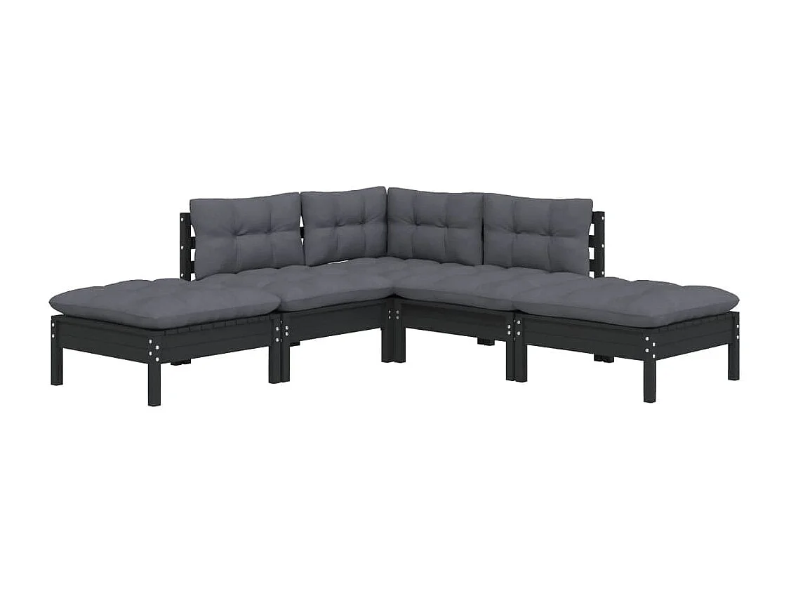 Salon de jardin 5 pièces avec coussins Noir Bois de pin