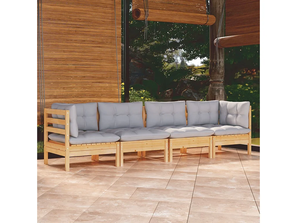 Salon de jardin 4 pièces avec coussins gris Bois de pin massif