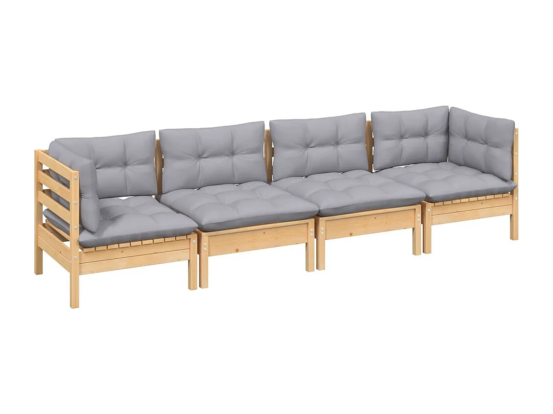 Salon de jardin 4 pièces avec coussins gris Bois de pin massif