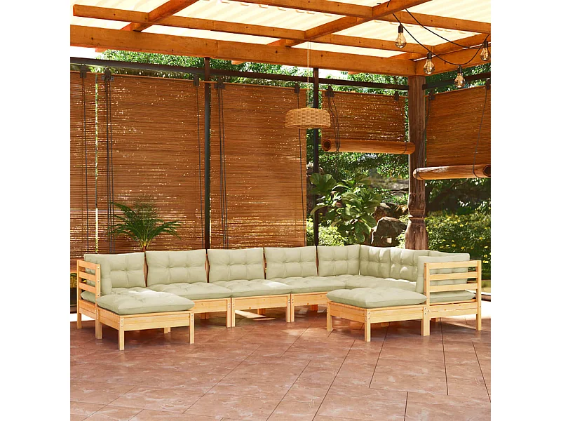 Muebles de jardín 9 piezas y cojines madera maciza de pino crema
