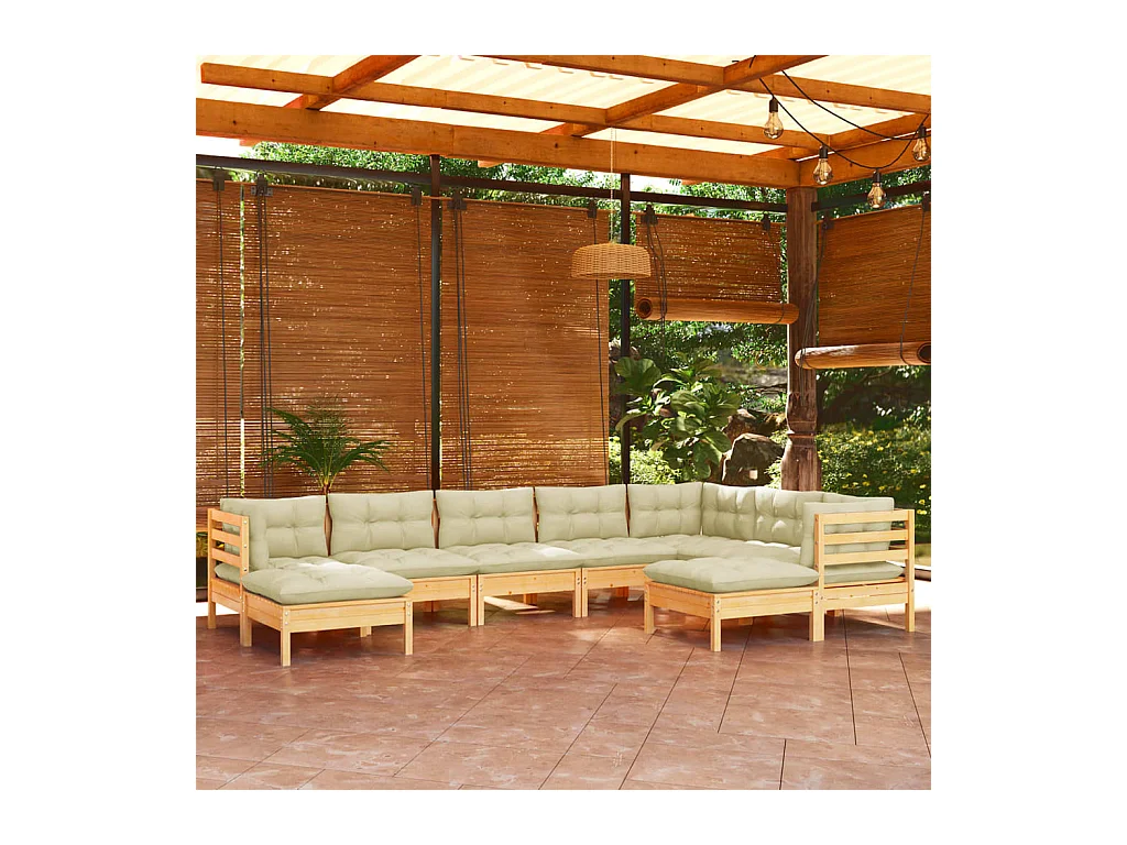 Muebles de jardín 9 piezas y cojines madera maciza de pino crema