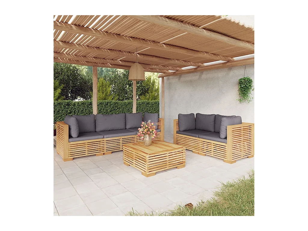 Salon de jardin 6 pièces avec coussins Bois de teck solide