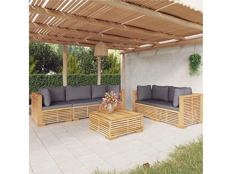 Juego muebles de jardín 6 piezas y cojines madera maciza teca