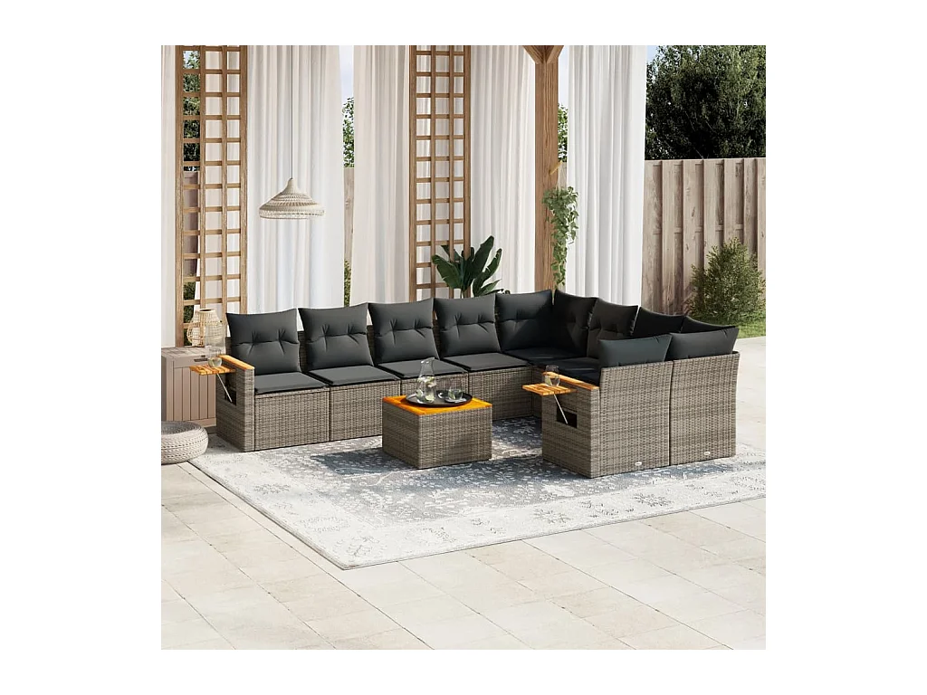 Salon de jardin avec coussins 10 pièces gris résine tressée