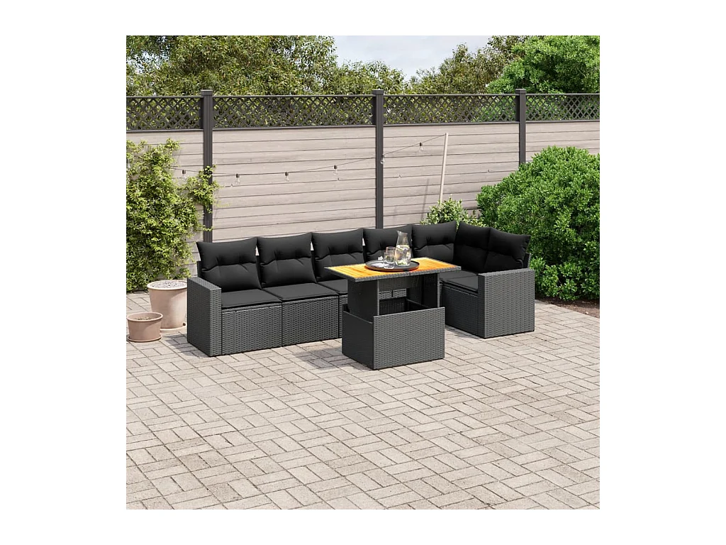 Salon de jardin 7 pièces avec coussins noir résine tressée