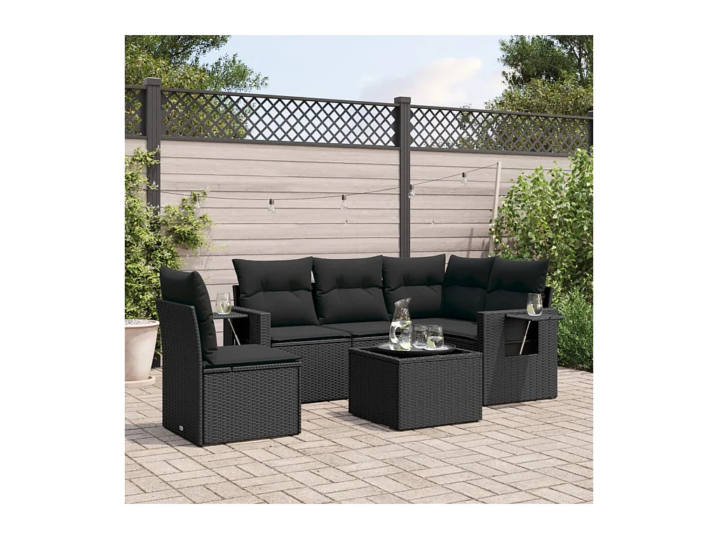 Salon de jardin 6 pièces avec coussins noir résine tressée