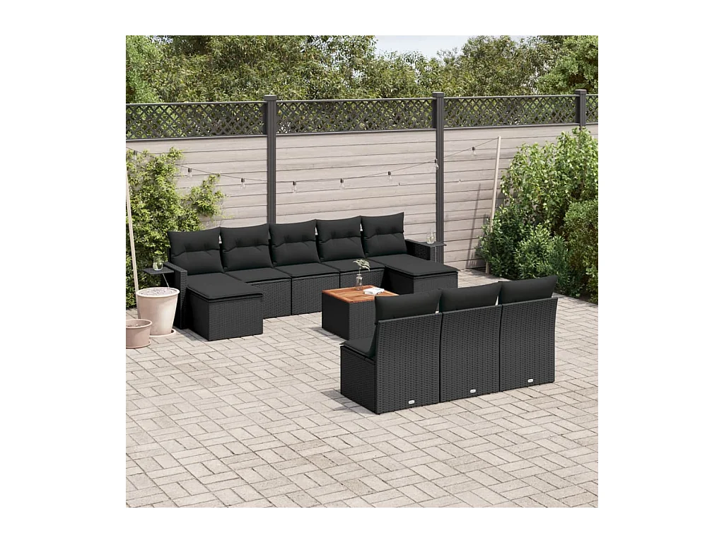 Salon de jardin 11 pièces avec coussins noir résine tressée