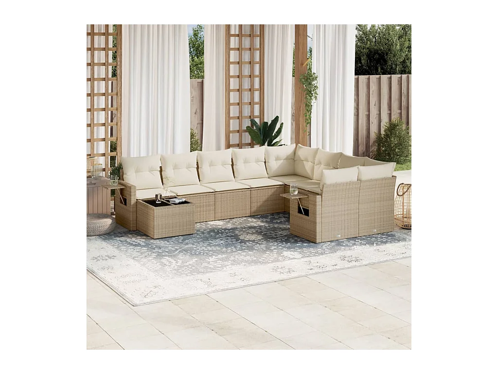 10-delige Loungeset met kussens poly rattan beige