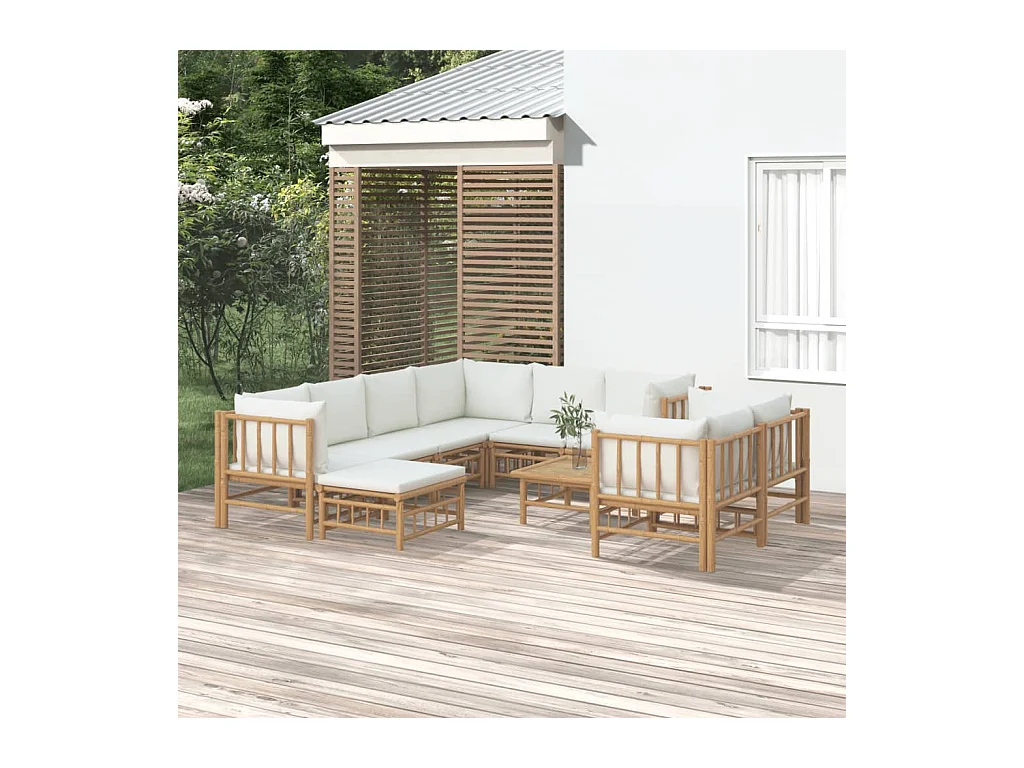 Set de muebles de jardín 10 piezas bambú y cojines blanco crema