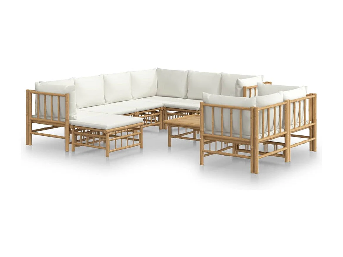 Salon de jardin 10 pièces avec coussins blanc crème bambou