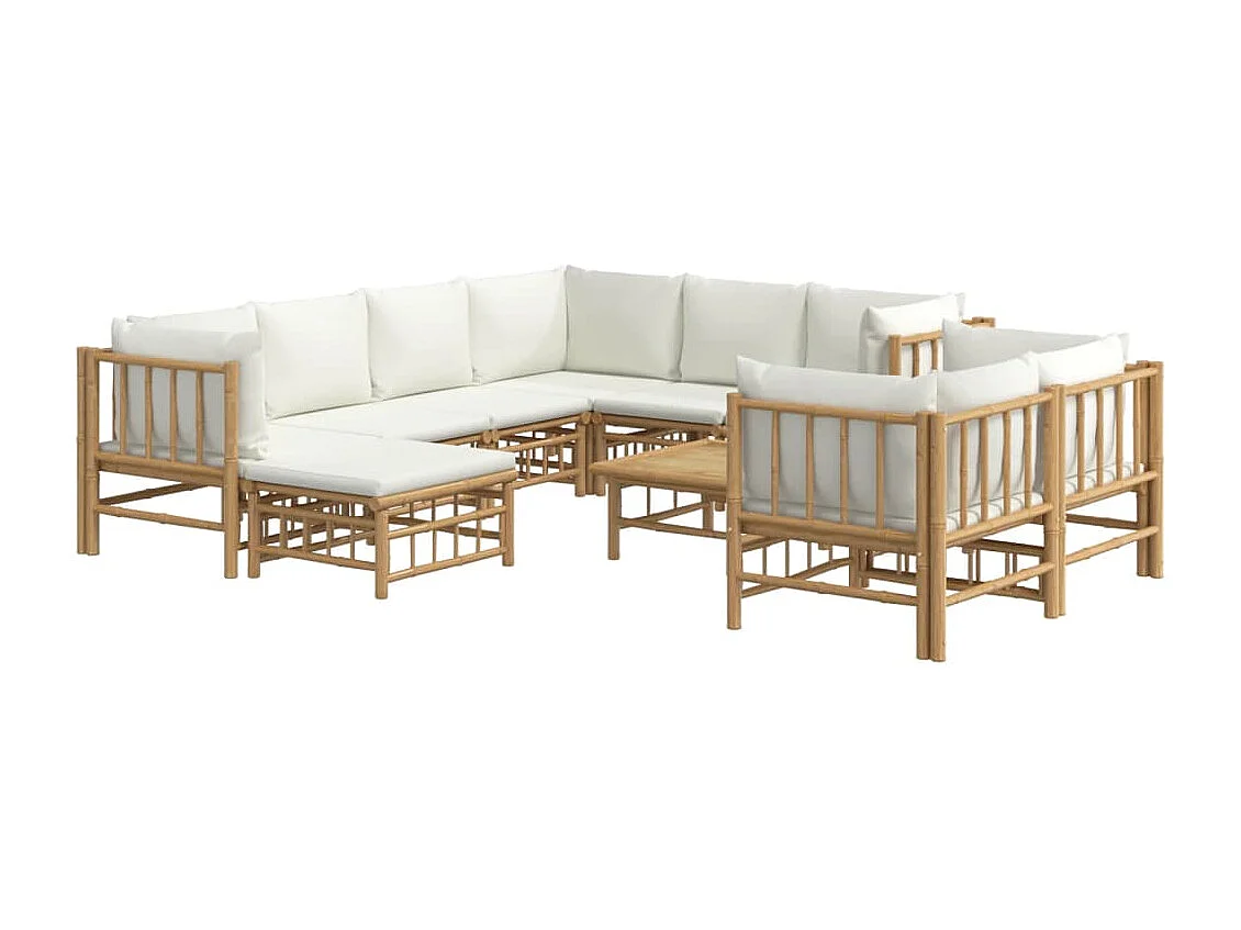 Salon de jardin 10 pièces avec coussins blanc crème bambou