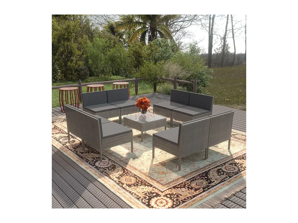 Salon de jardin 9 pièces avec coussins Résine tressée Gris