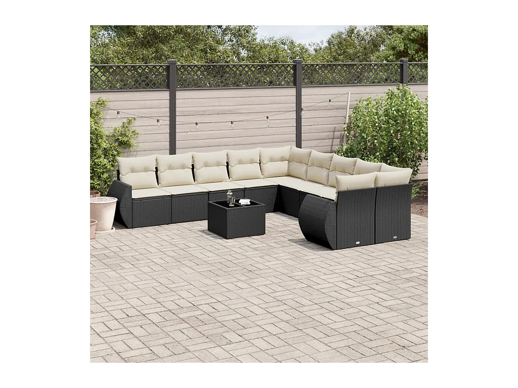 11-delige Loungeset met kussens poly rattan zwart