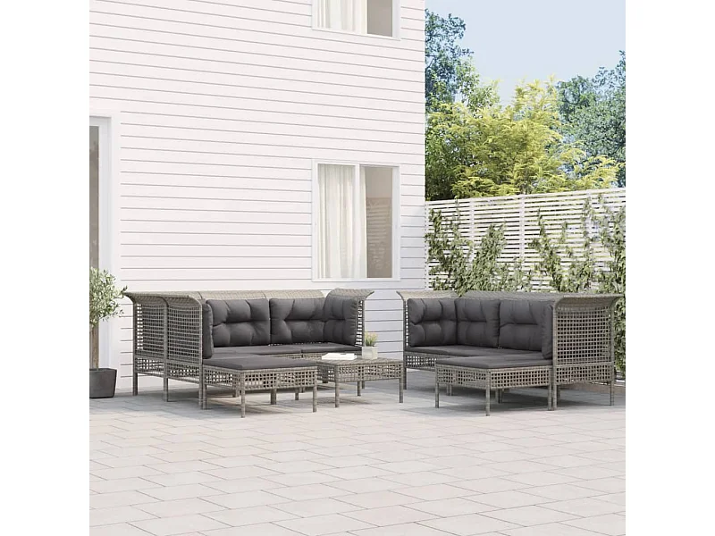 9 peças conjunto lounge de jardim c/ almofadões vime PE cinzento