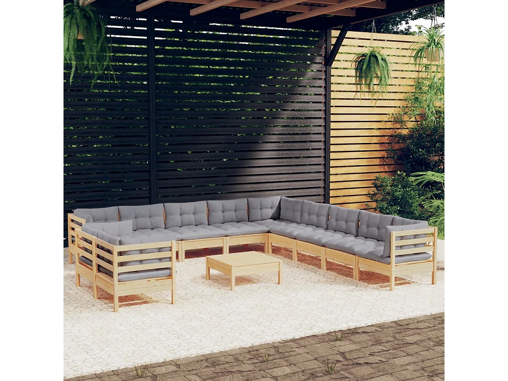 Salon de jardin 12 pièces avec coussins gris Bois de pin solide