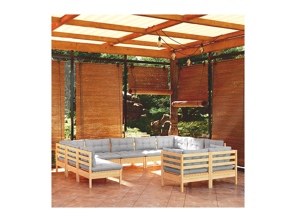 Salon de jardin 11 pièces avec coussins gris bois de pin solide
